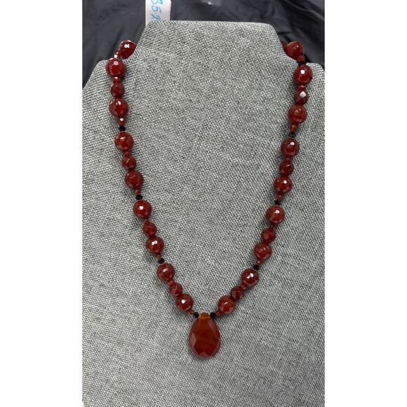 Faceted Cognac Banded Agate Bead Necklace Sterling Clasp 16" #62700 - Picture 1 of 3